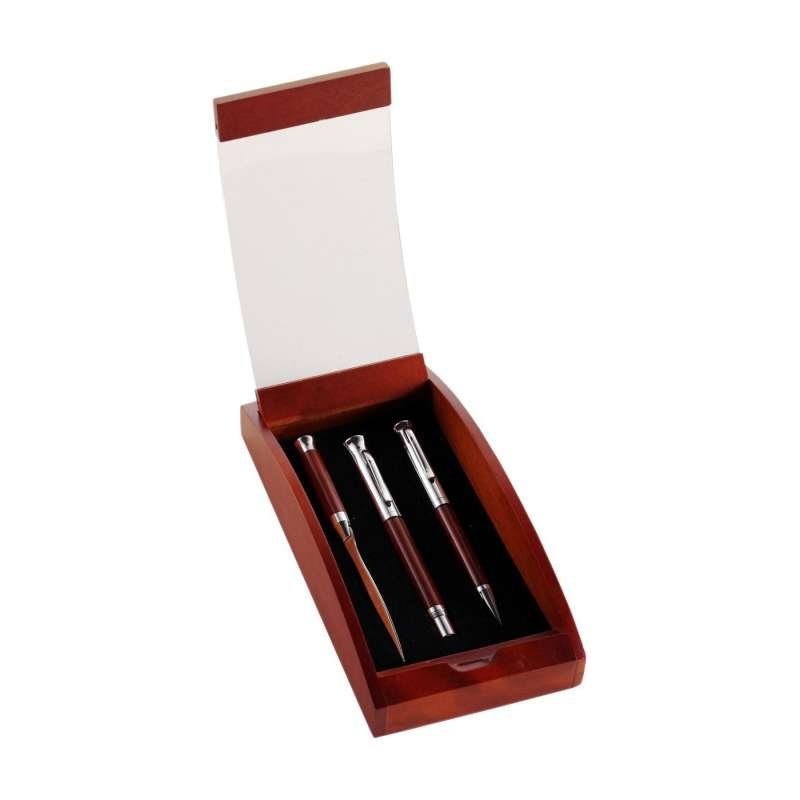 set di penne a sfera, stilografica e tagliacarte in legno e metallo set di penne a sfera, stilografica e tagliacarte in legno e metallo
